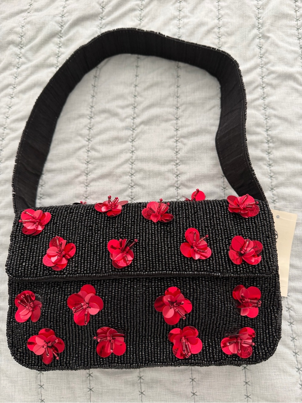 Black Beaded Shoulder Bag with Red Floral Embellishments